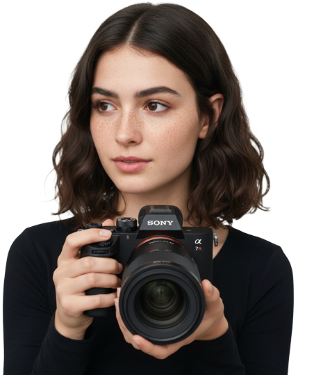 Woman with Sony 7r5 and 90mm lens